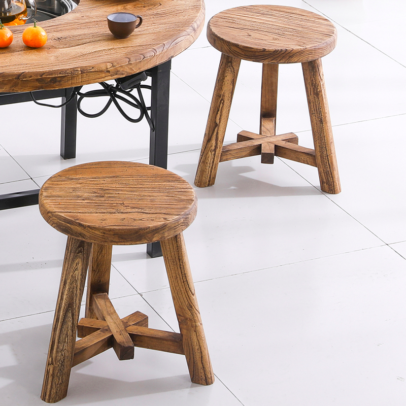 老榆木换鞋凳圆凳门板榫卯花架实木原生态复古做旧风化纹原木板凳