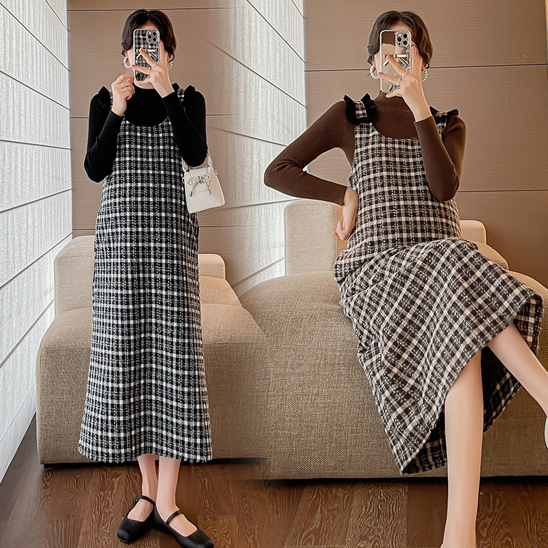 秋装新款毛呢格子背带连衣裙+打底毛衣两件套