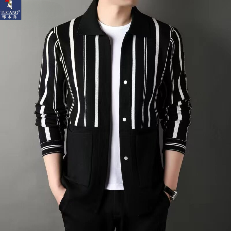 啄木鸟春秋季男士开衫外套中青年时尚翻领气质休闲新款针织衫外套