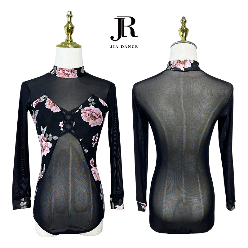 JR长袖性感黑色修身蕾丝拉丁舞摩登舞服JR134印花网纱上衣