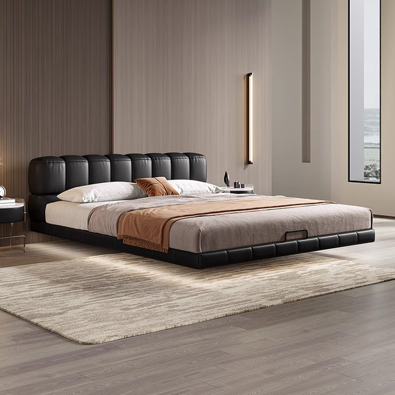 意式极简泡芙床真皮床黑色主卧室高端大气双人床简约复古悬浮床