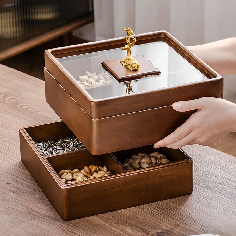 森物社实木单双层干果盒轻奢胡桃木色玻璃盖可叠糖果盒零食收纳盒