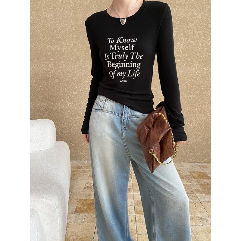  美式甜酷风 时髦植绒字母印花百搭圆领打底长袖T恤 SN6471