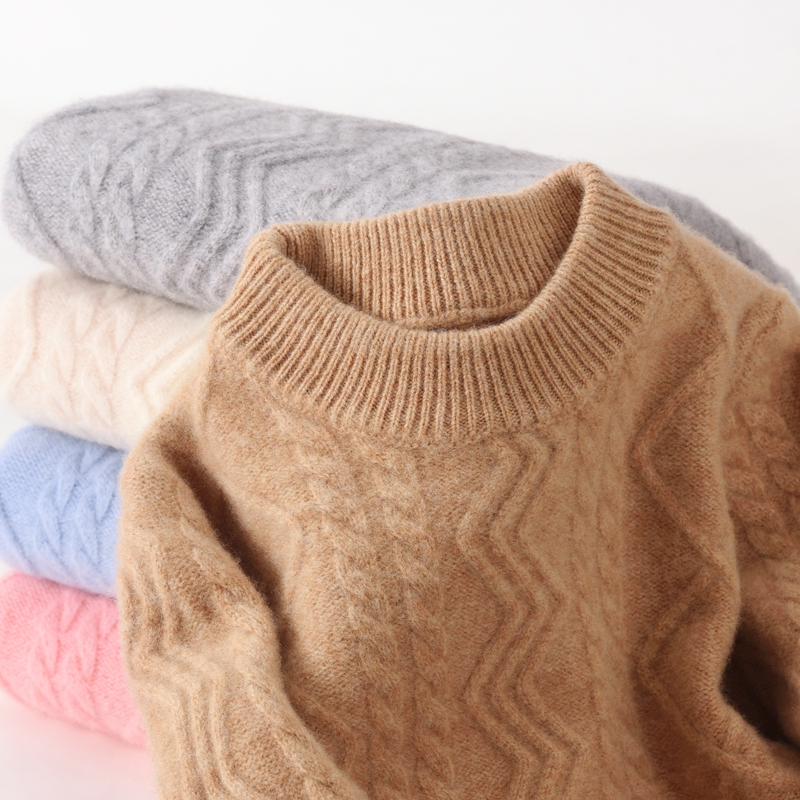 《7针加厚全身菱形扭花》圆领澳洲美丽奴纯羊毛大童女男童儿童毛衣