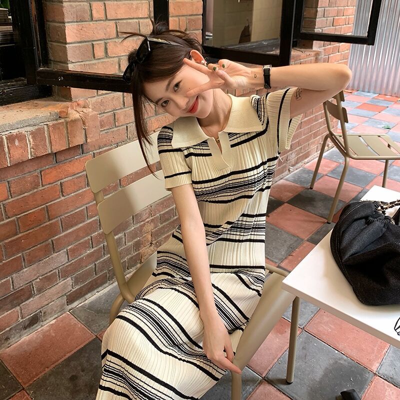2620韩系条纹polo领针织连衣裙女修身显瘦竖坑条短袖长裙2024夏季
