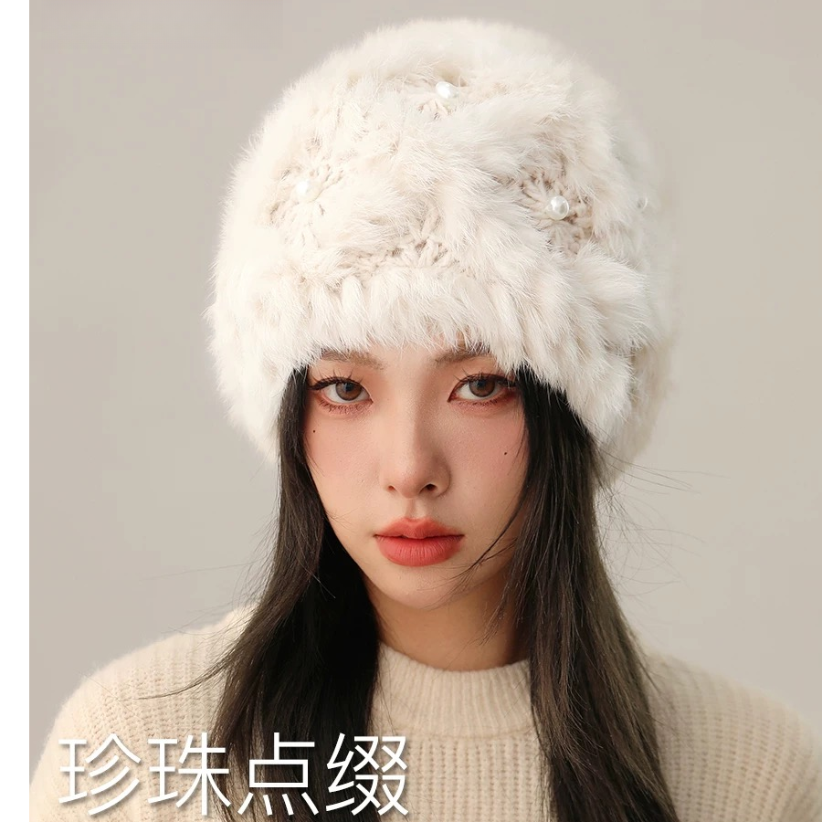 高品质手工勾花真兔毛帽子女秋冬显脸小毛绒帽子保暖针织包头帽