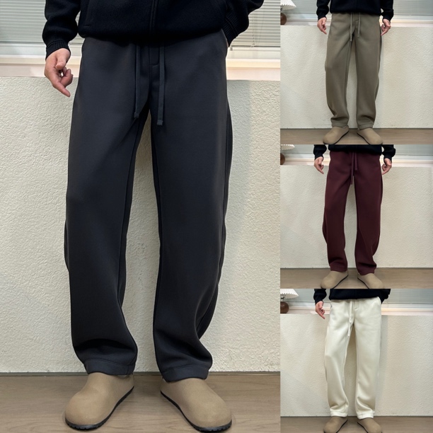 简约潮流男士纯色休闲裤秋冬加绒加厚直筒显高街瘦系绳长裤男