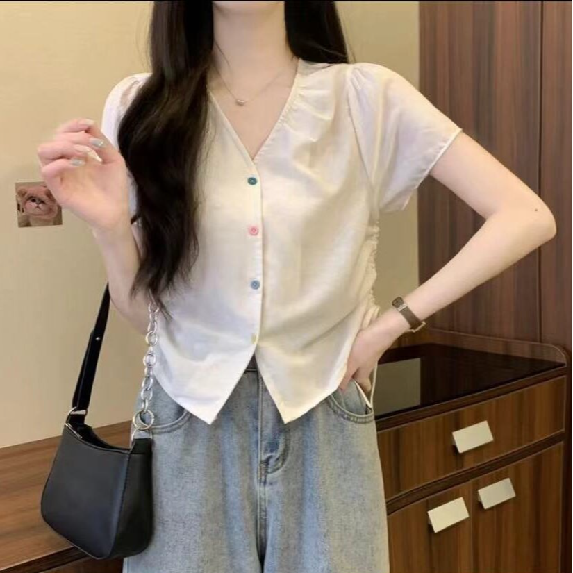 设计感法式抽绳衬衫女夏季时尚小众短款洋气小衫甜美棉麻薄款上衣