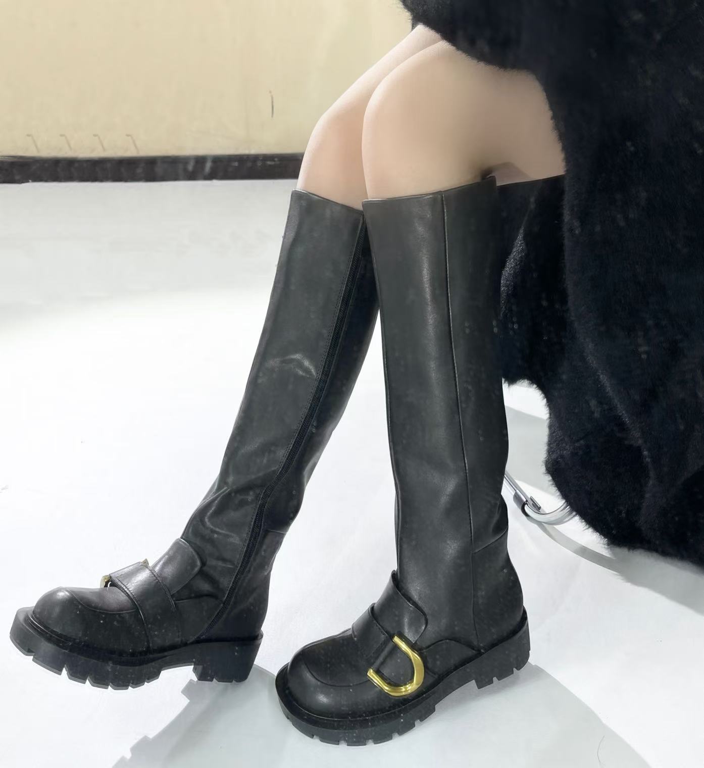 SL1-91900003加比恩环扣饰真皮长筒靴秋冬小CK马蹄扣骑士靴杨