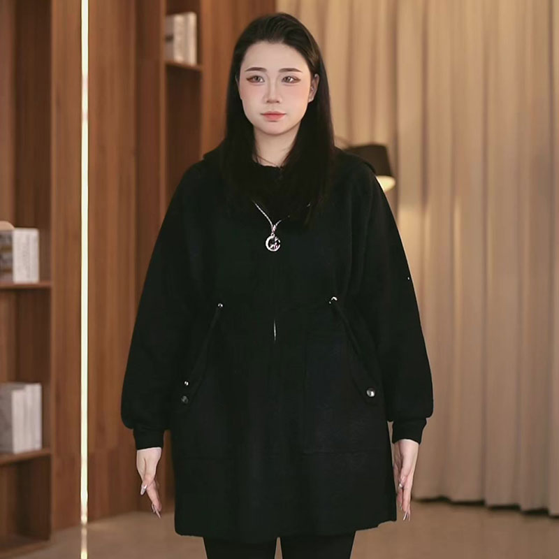 【韩服路】女士气质冬季大码加厚中长款宽松双面绒连帽风衣百搭外套