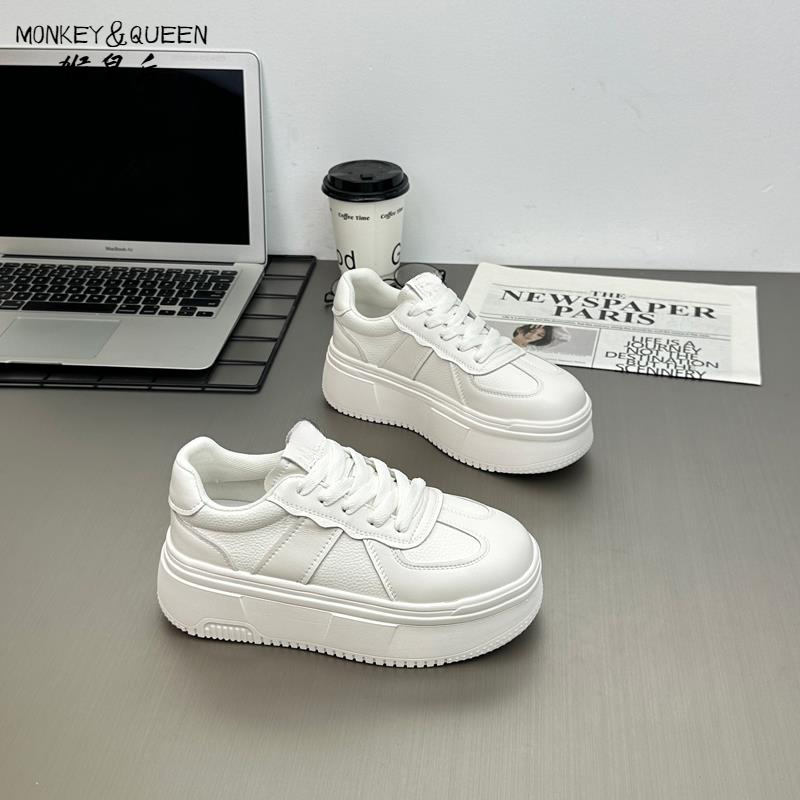 MONKEY&QUEEN厚底松糕超轻小白鞋女2024秋季新款真皮系带运动休闲
