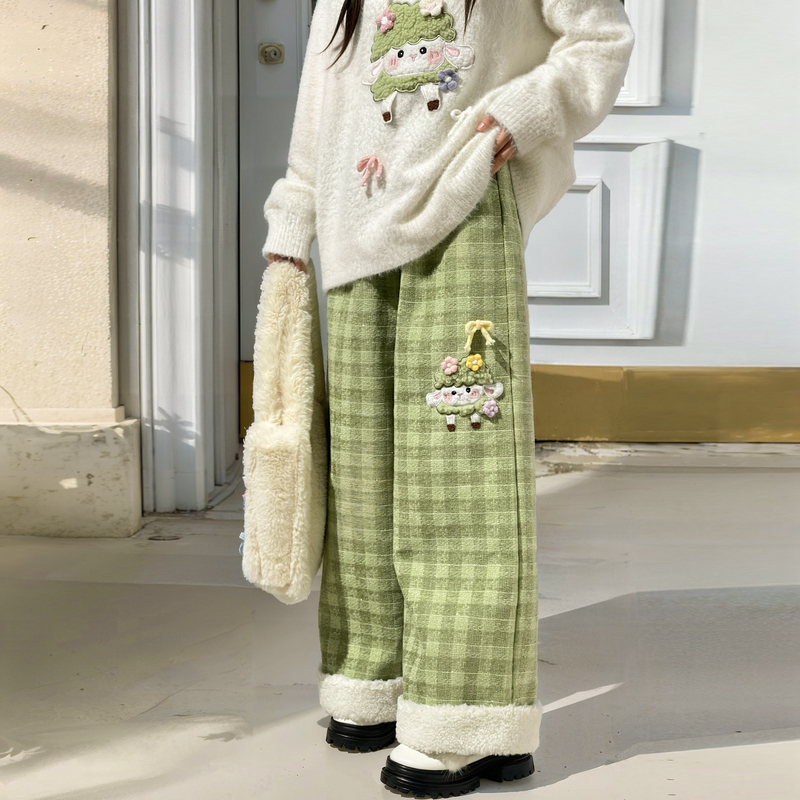 森女部落原创萌趣小羊小清新格子休闲裤秋冬2024年秋冬款新款女装