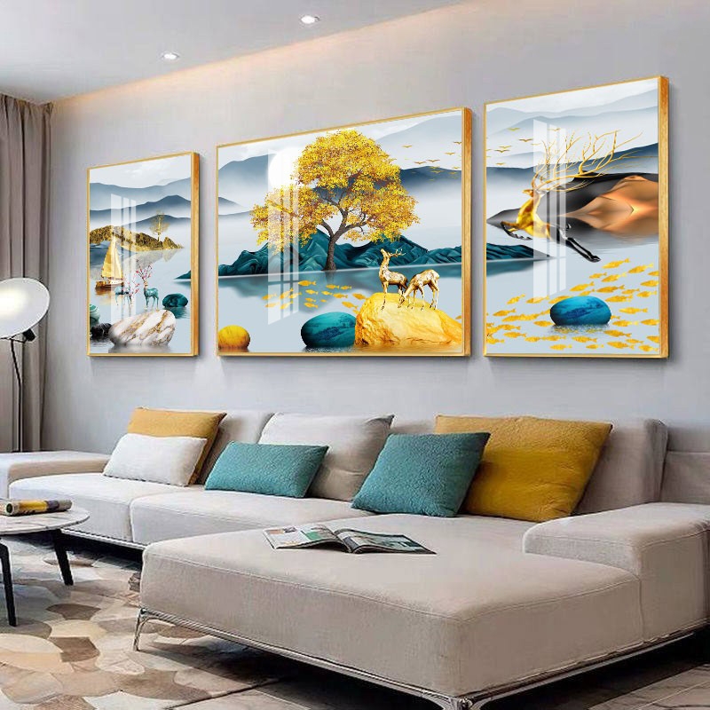 抽象客厅装饰画现代简约沙发背景挂画高档大气三联画福禄亨通挂画
