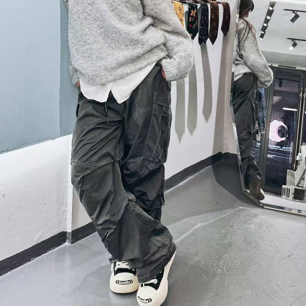 双层系带设计感拼接休闲裤