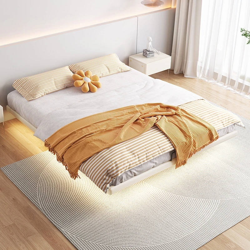 无床头悬浮床极简奶油风主卧悬空床现代简约双人大床皮床感应带灯