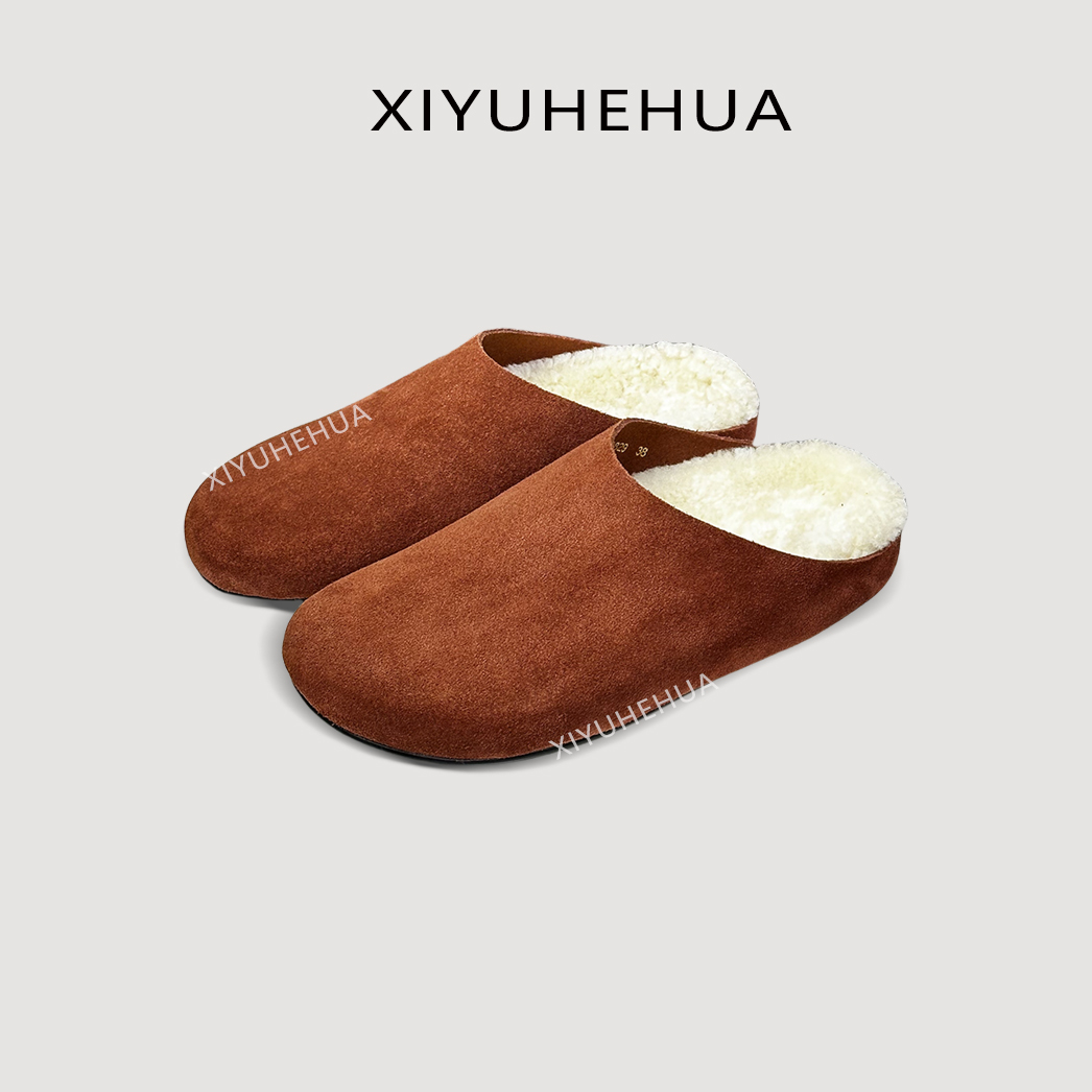 兮语荷华毛绒包头外穿半拖鞋女冬2024新款牛皮高级感一脚蹬勃肯鞋