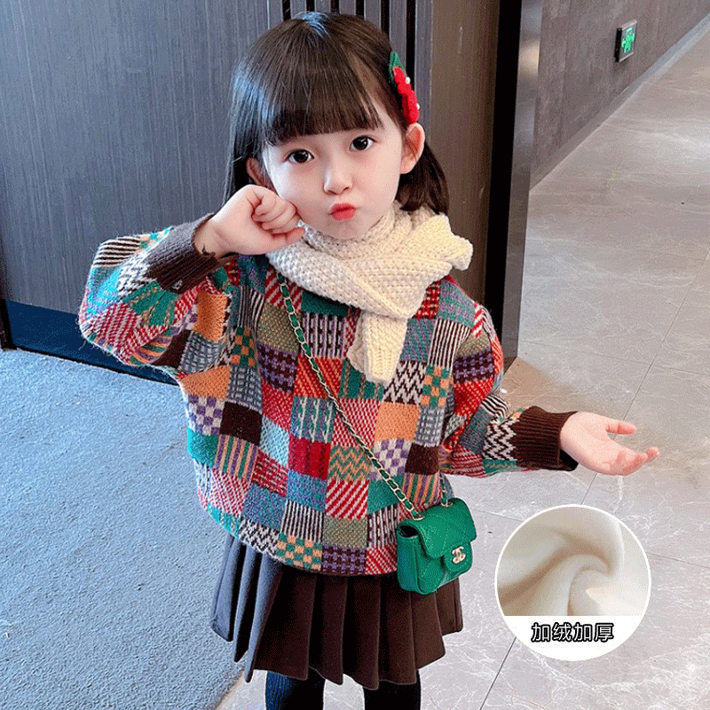 女童毛衣2023冬季新款韩版棋盘格子洋气打底衫女孩针织保暖上衣潮