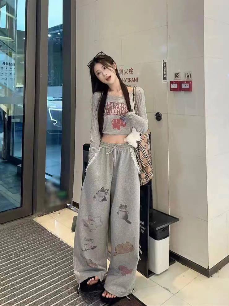 【孙饱饱微胖定制】复古字母印花短裤T恤秋季休闲裤套装蕾丝拼接