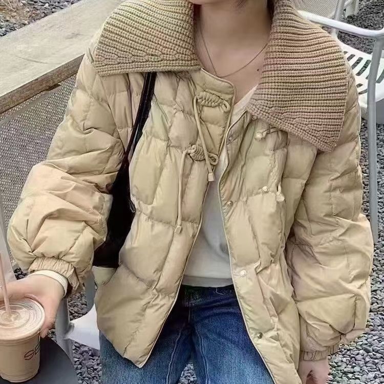 2023款洋气假两件气质拼接针织领爆款小个子羽绒服外套海军风