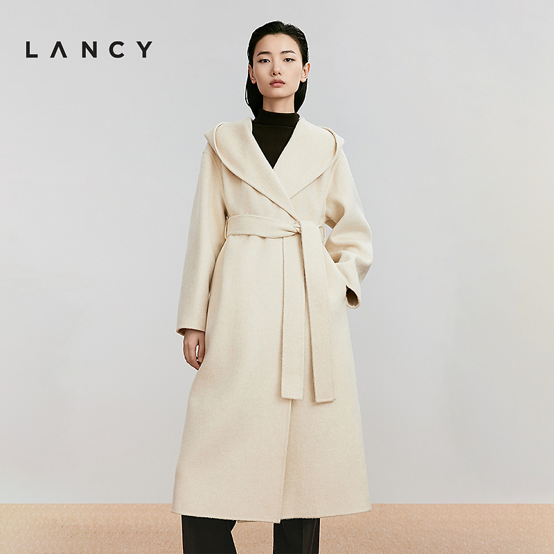 LANCY/朗姿2024冬新款羊毛连帽大衣系带高级感气质中长毛呢外套女