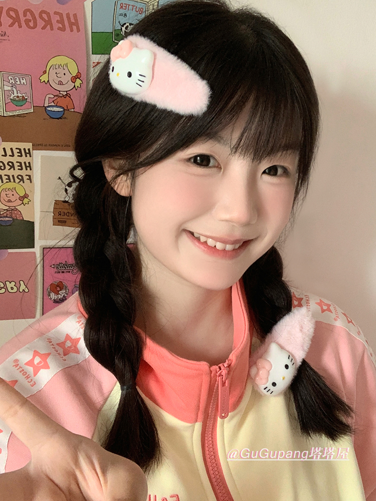 秋冬毛绒KT猫发夹日系可爱卡通发卡头饰学生刘海夹大号刘海侧边夹