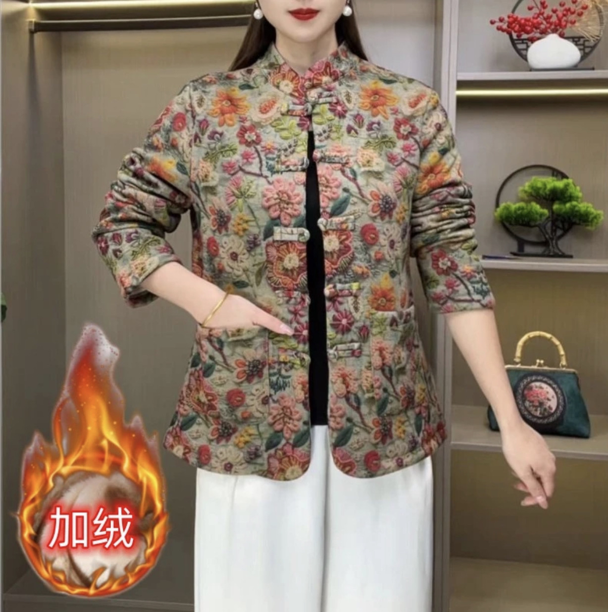 冬季新款新中式盘扣碎花时尚百搭中老年妈妈装加绒加厚外套926款