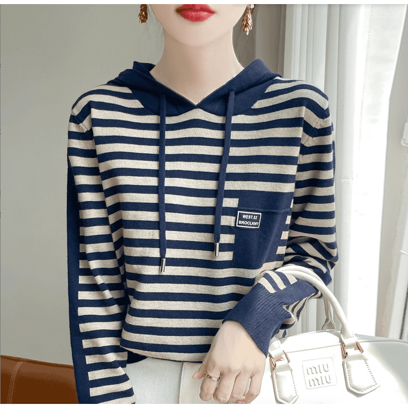 秋冬新款安迪绒条纹加厚针织帽衫时尚百搭洋气显瘦连帽打底衫