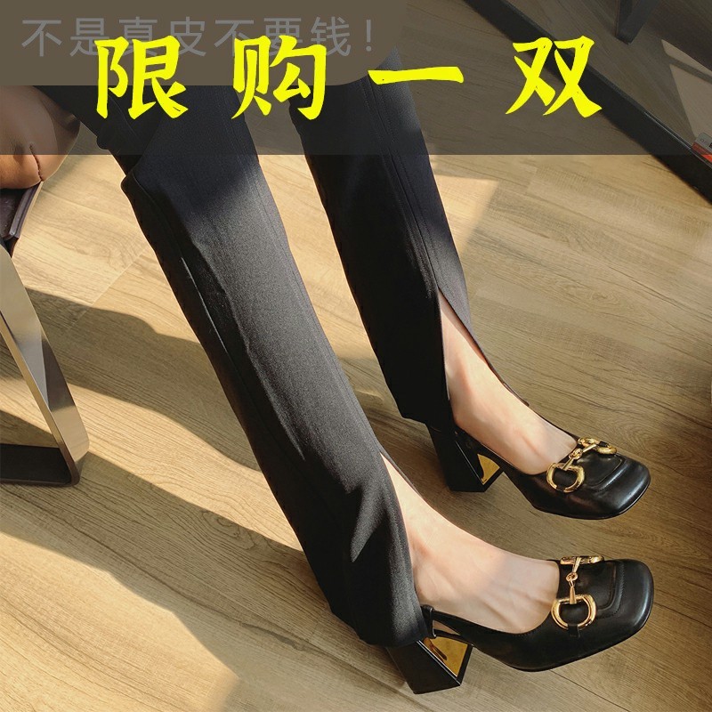 红蜻蜓牌5天内发货【G家单鞋】羊皮面！羊皮里！马衔扣浅口粗跟