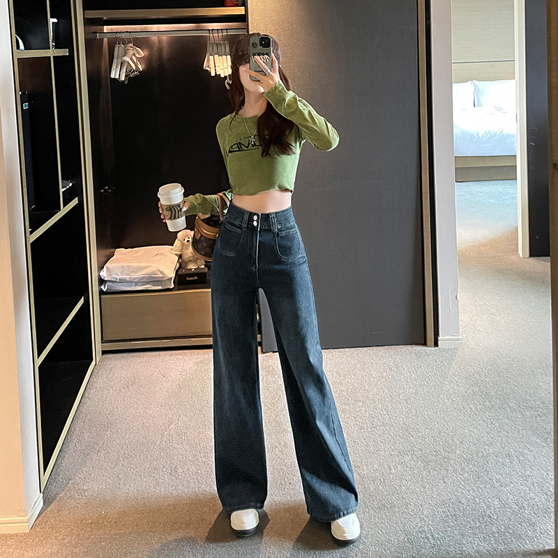 2311#怀旧蓝春秋季新款阔腿高腰显瘦百塔宽松弹力双排扣牛仔裤女