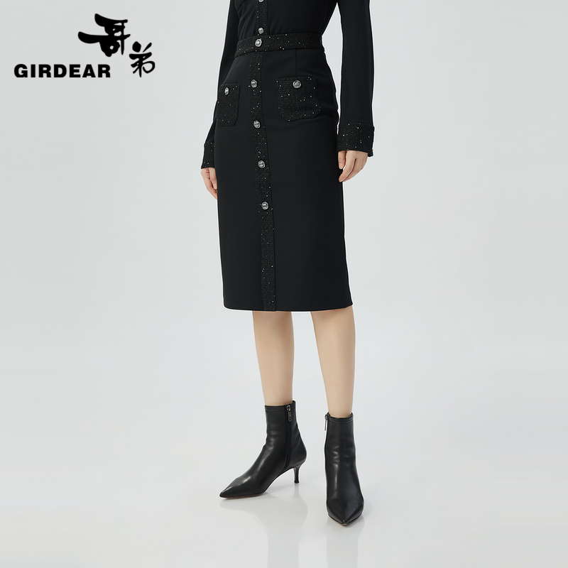 GIRDEAR/哥弟精致小香风粗花呢气质显瘦高腰包裙半身中裙1200345