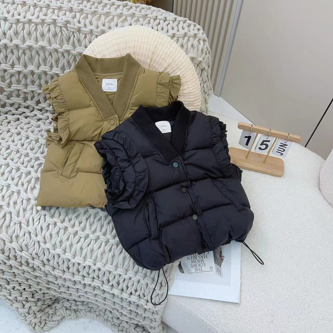 巴拉拉吧女童加棉马甲2024冬季新款儿童时尚百搭洋气花边韩版加厚