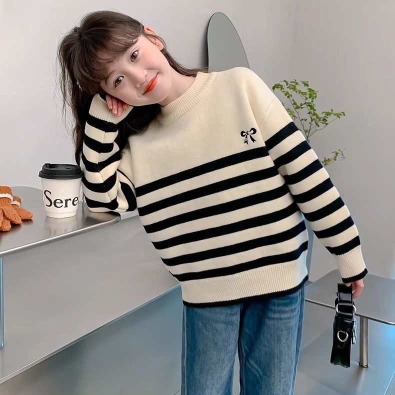女童加绒毛衣中大童秋冬装新款套头条纹针织衫洋气打底上衣加厚