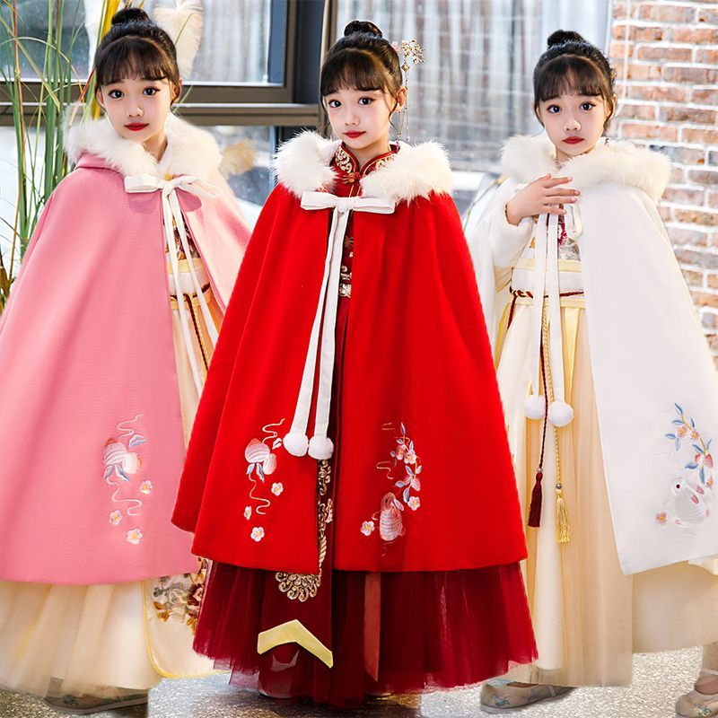 新款女童披风加绒加厚冬季防寒保暖婴幼儿童拜年外套汉服连帽秋冬