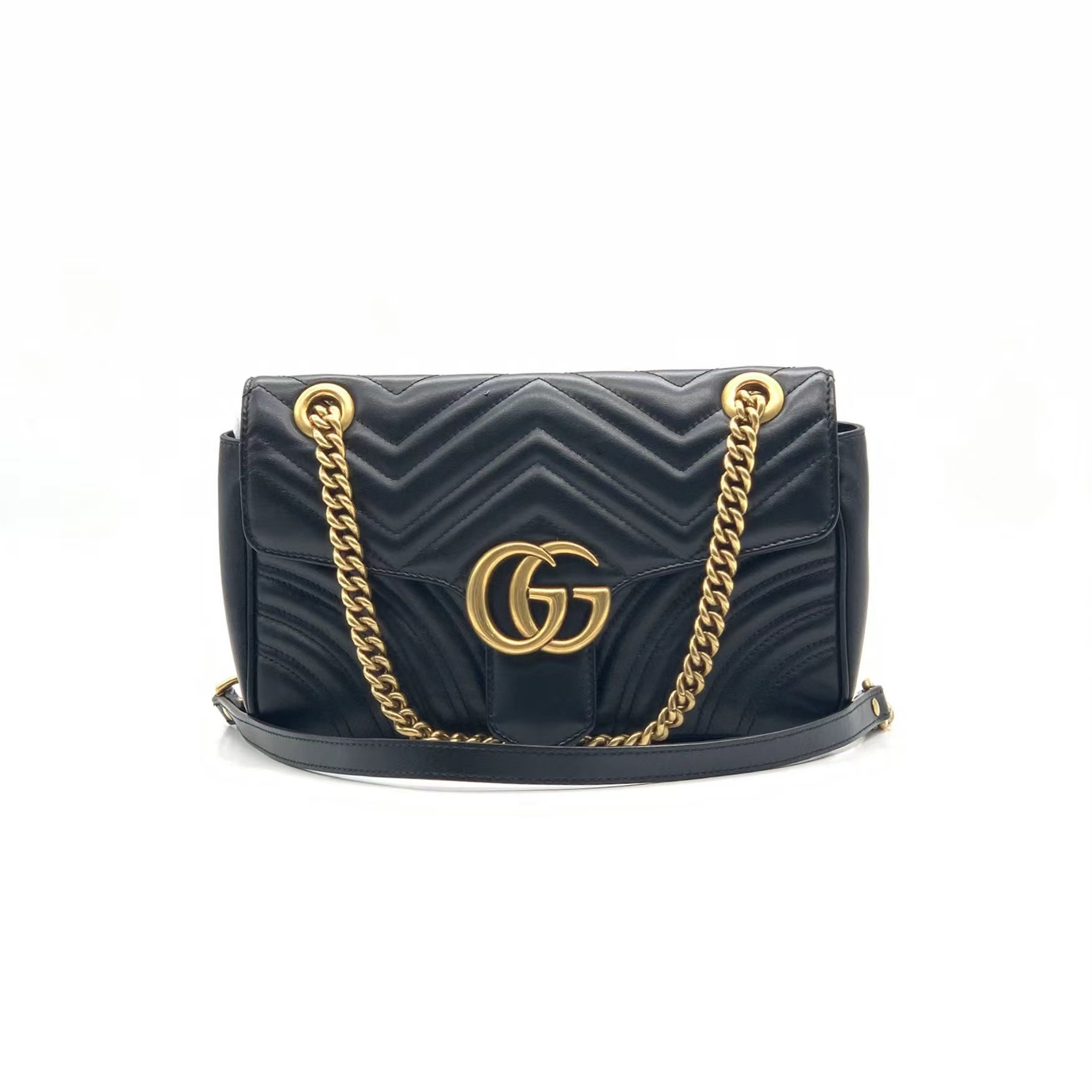 95新 GUCCI/古驰 黑金马蒙22链条包/女士黑色