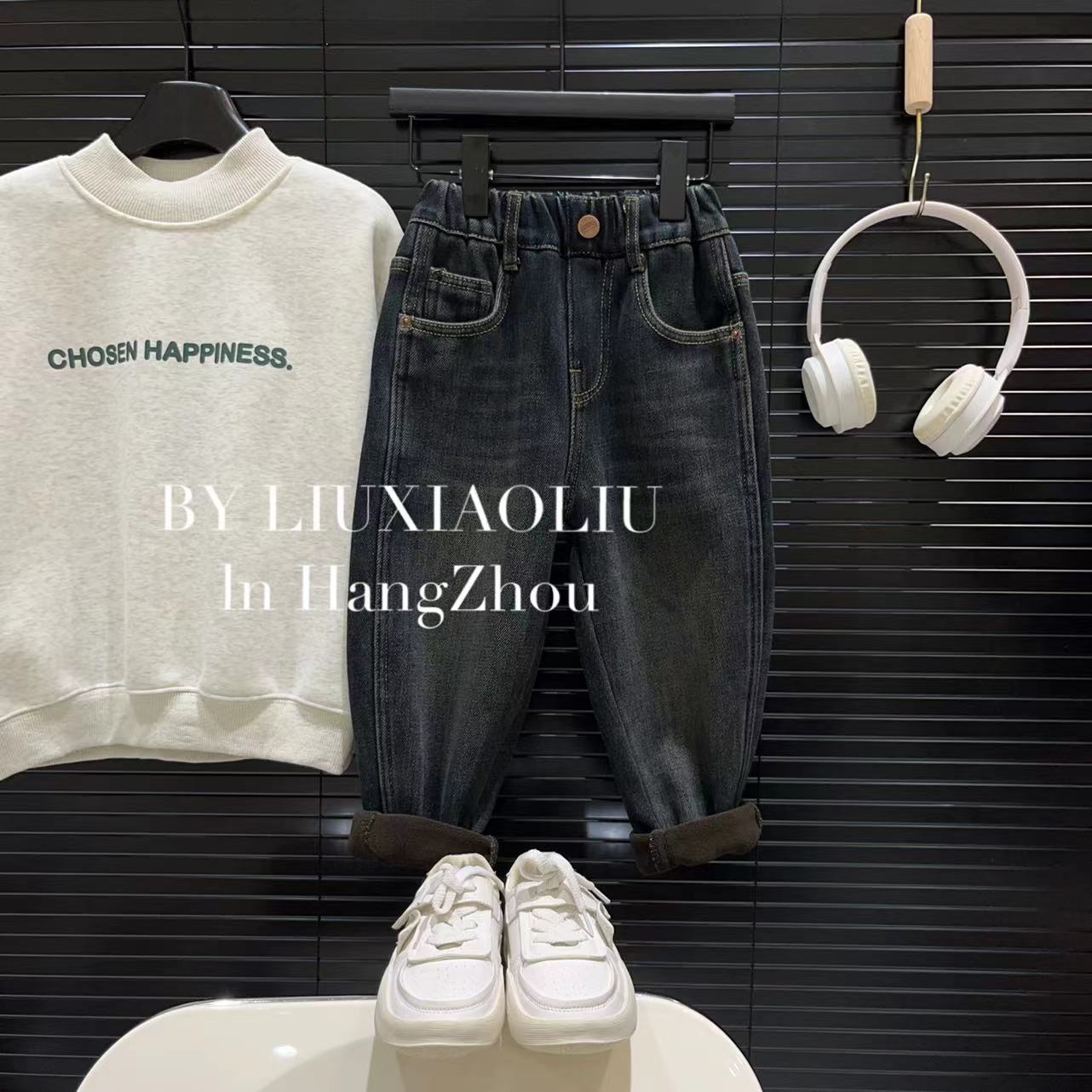 BY LIUXIAOLIU【NICE】韩版高货设计师款秋冬季加绒儿童牛仔裤6812