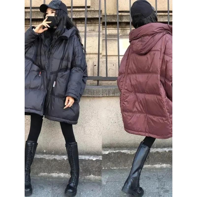 2023年冬季新款抽绳连帽大口袋蝙蝠袖90白鸭绒大版宽松羽绒服女潮