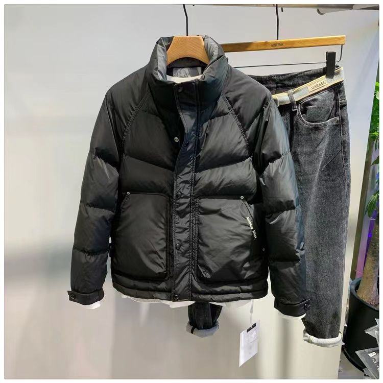 冬季韩版立领拼色短款男士羽绒服潮流时尚修身白鸭绒轻薄外