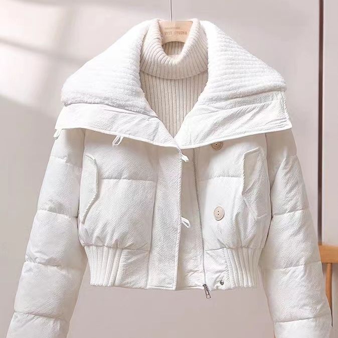 2023年新款高腰羽绒服女短款小个子羊羔毛翻领拼接冬季棉袄