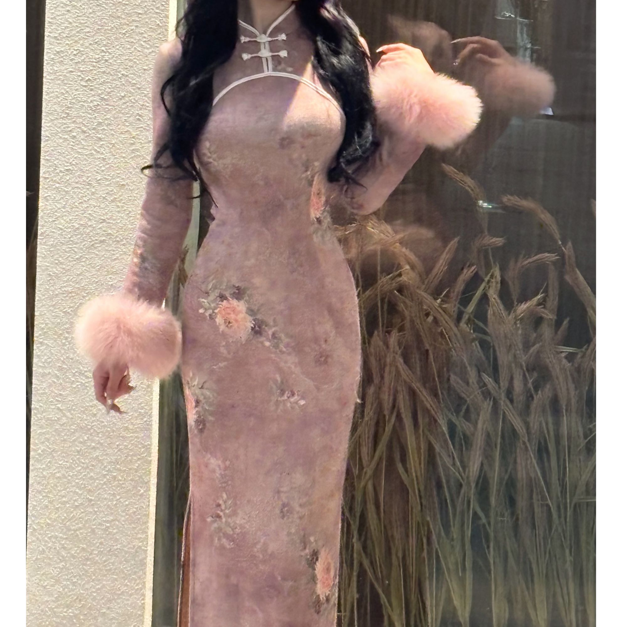 LHMknk1活动画报夫人原创自制秋冬曼丽绒针织旗袍粉娇娘 