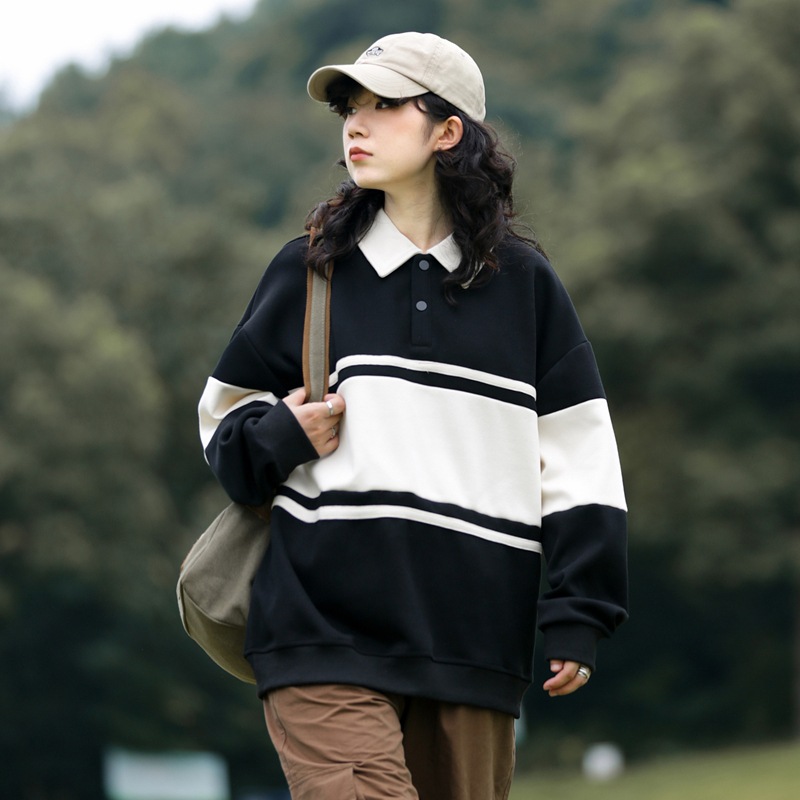 外贸工作服男女春秋新款莱卡宽松条纹可二开情侣港风双珠地棉卫衣