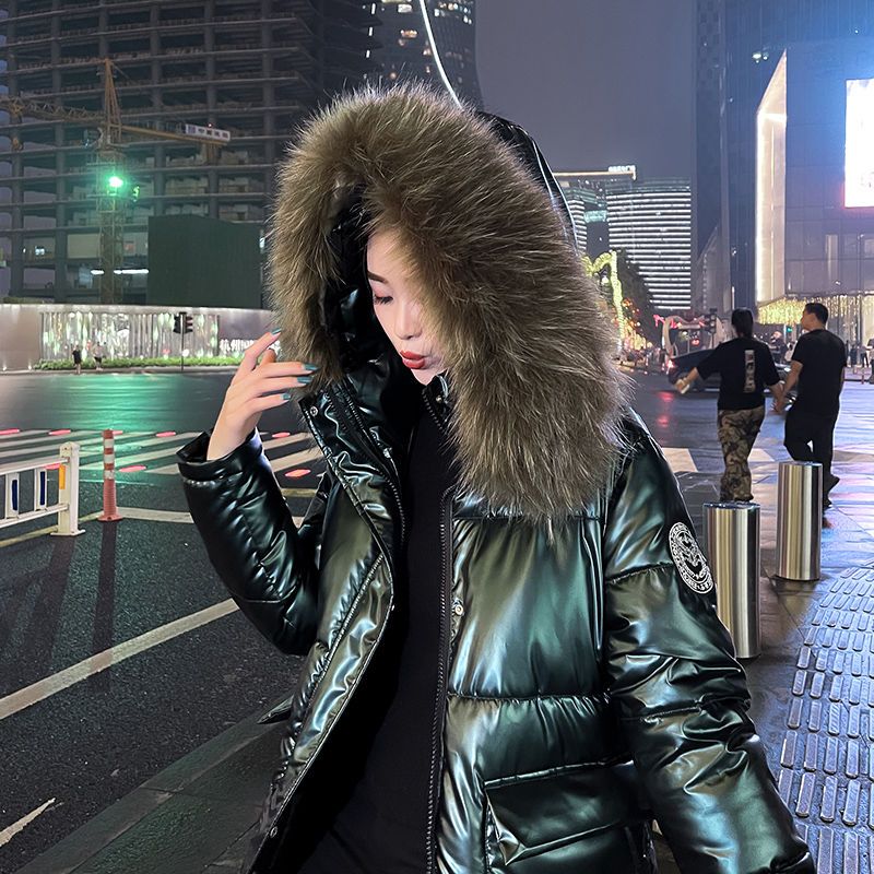 阿斯特羽绒服2023新款爆款年季时尚大毛领亮面女士女款中长款过膝