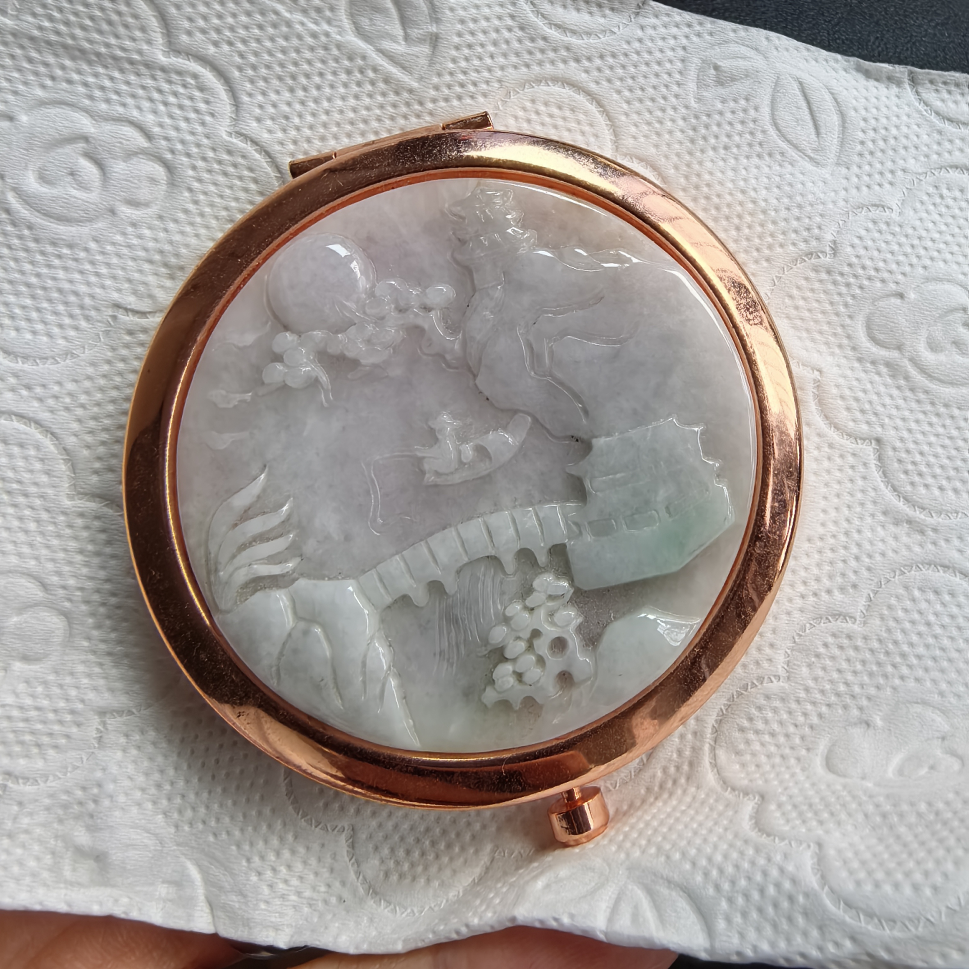 翡翠山水牌镜子无纹无裂翡翠面直径49mm