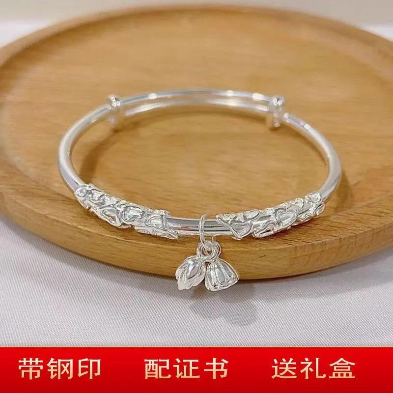 足银手镯 老凰祥9999纯银莲蓬手镯带铃铛足银实心推拉手镯送女友