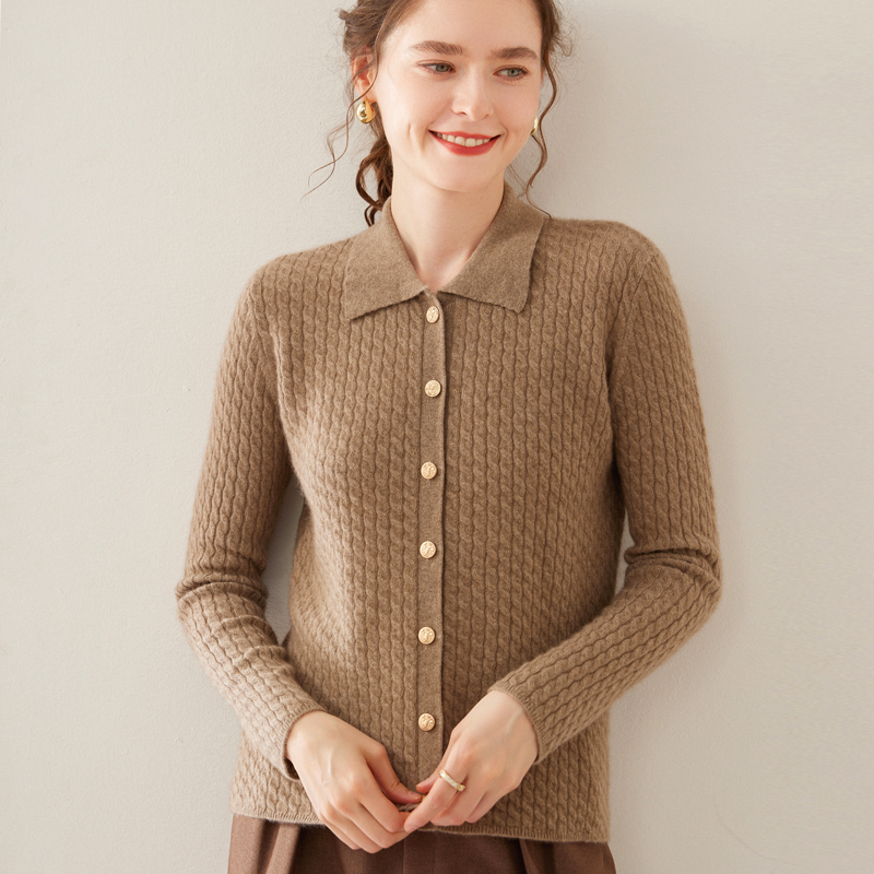 【JJ-806】女士12针扭花羊绒领开衫毛衣针织羊毛衫开衫时尚气质显瘦