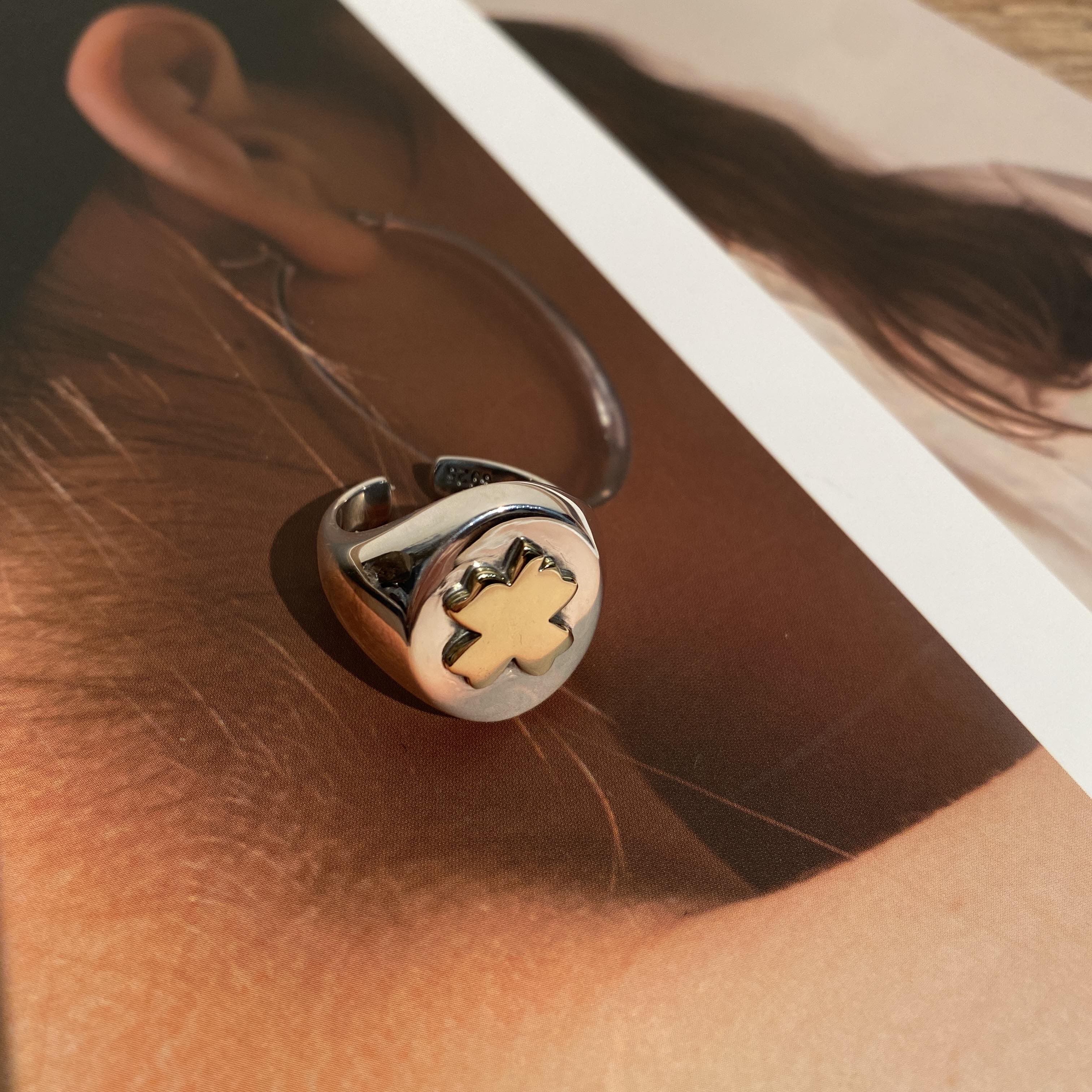 925银戒指 S925银原创小众设计做旧四叶草圆形戒指时尚个性手工