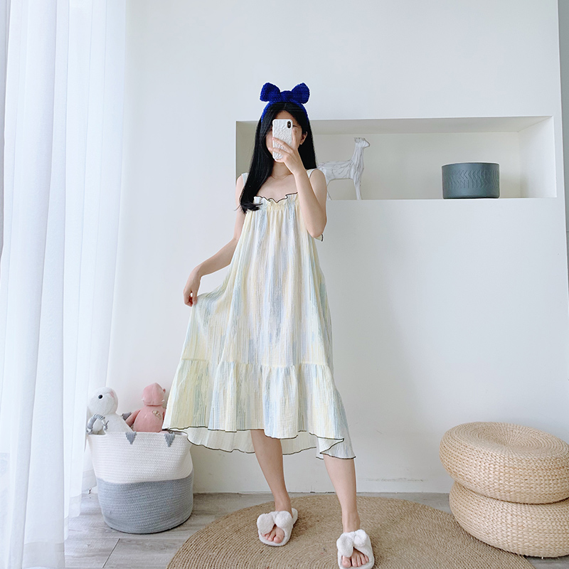 夏季纯棉双层纱吊带睡裙胖MM200斤宽松小性感无袖背心家居服睡衣