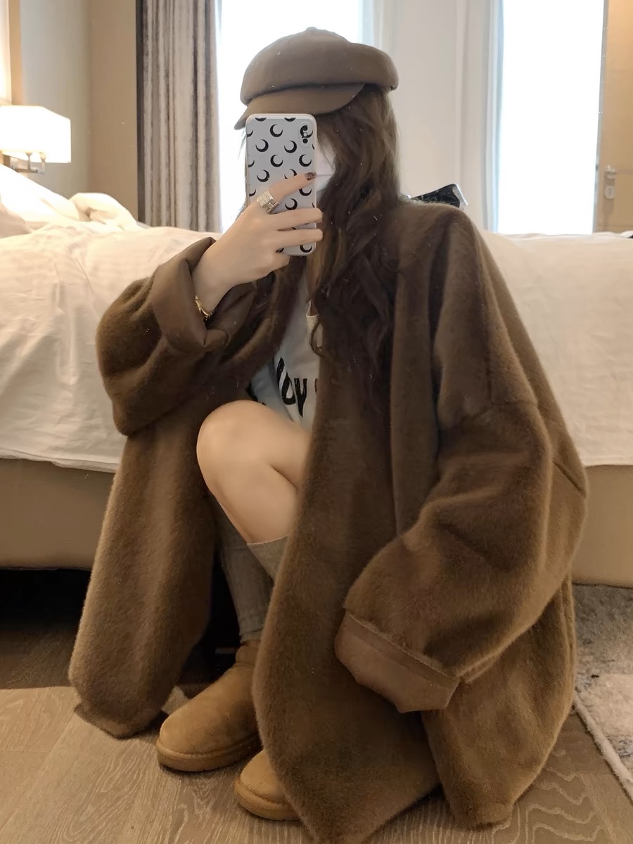 皮毛一体外套女2025环保水貂新款质感一绝美拉德韩系毛毛大衣