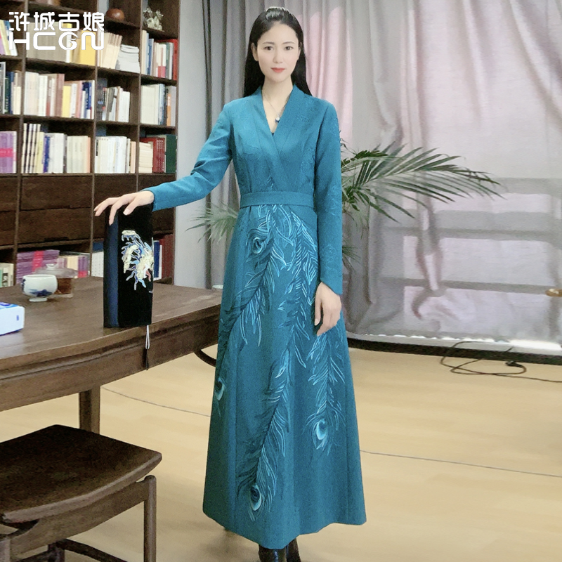 浒城古娘中式国风气质时尚长袖修身显瘦凤尾云纹连衣裙-21A1750