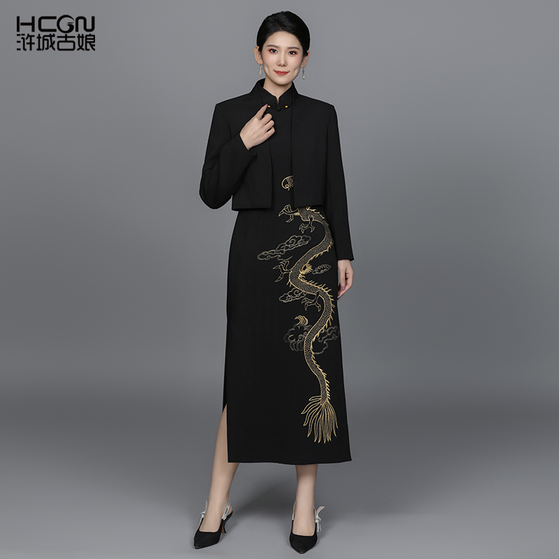 浒城古娘中式国风气质时尚优雅高贵淑女雅韵旗袍两件套-22A17139