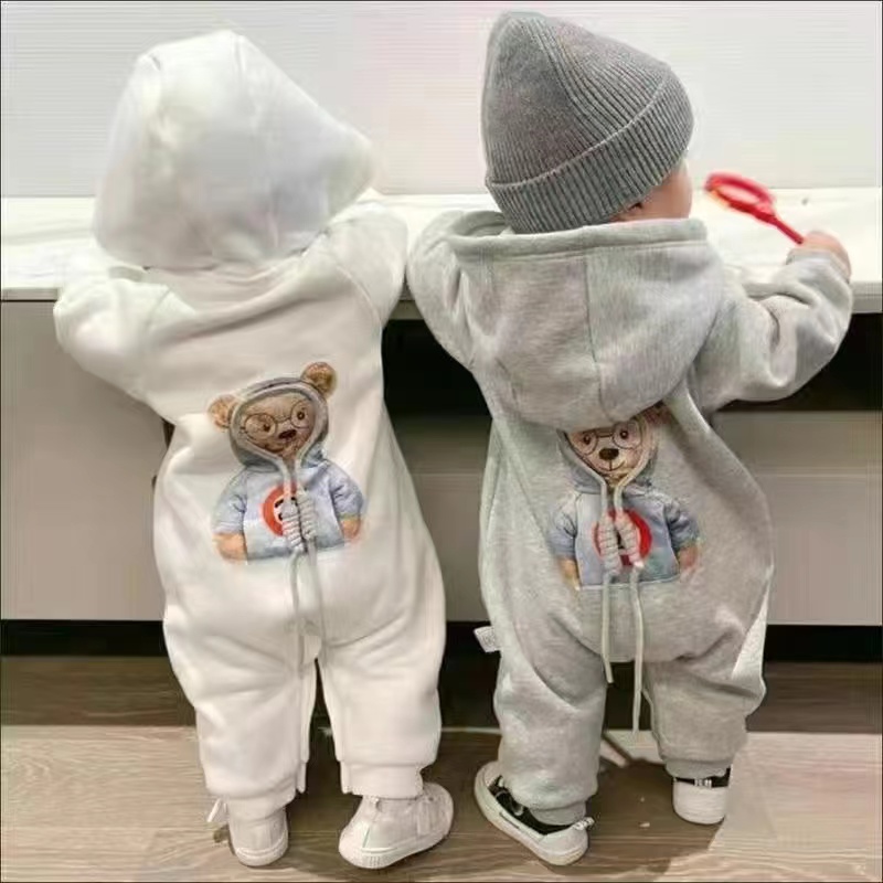婴幼儿连体秋冬小熊连帽加绒外出服婴儿长袖哈衣新生儿宝宝连腿